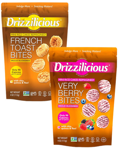 Drizzilicious Mini-Reiskuchen Sorte Packung, French Toast und sehr Beeren Aromen, glutenfrei, 90 Kalorien, 4 Unzen Beutel (Pack von 2)