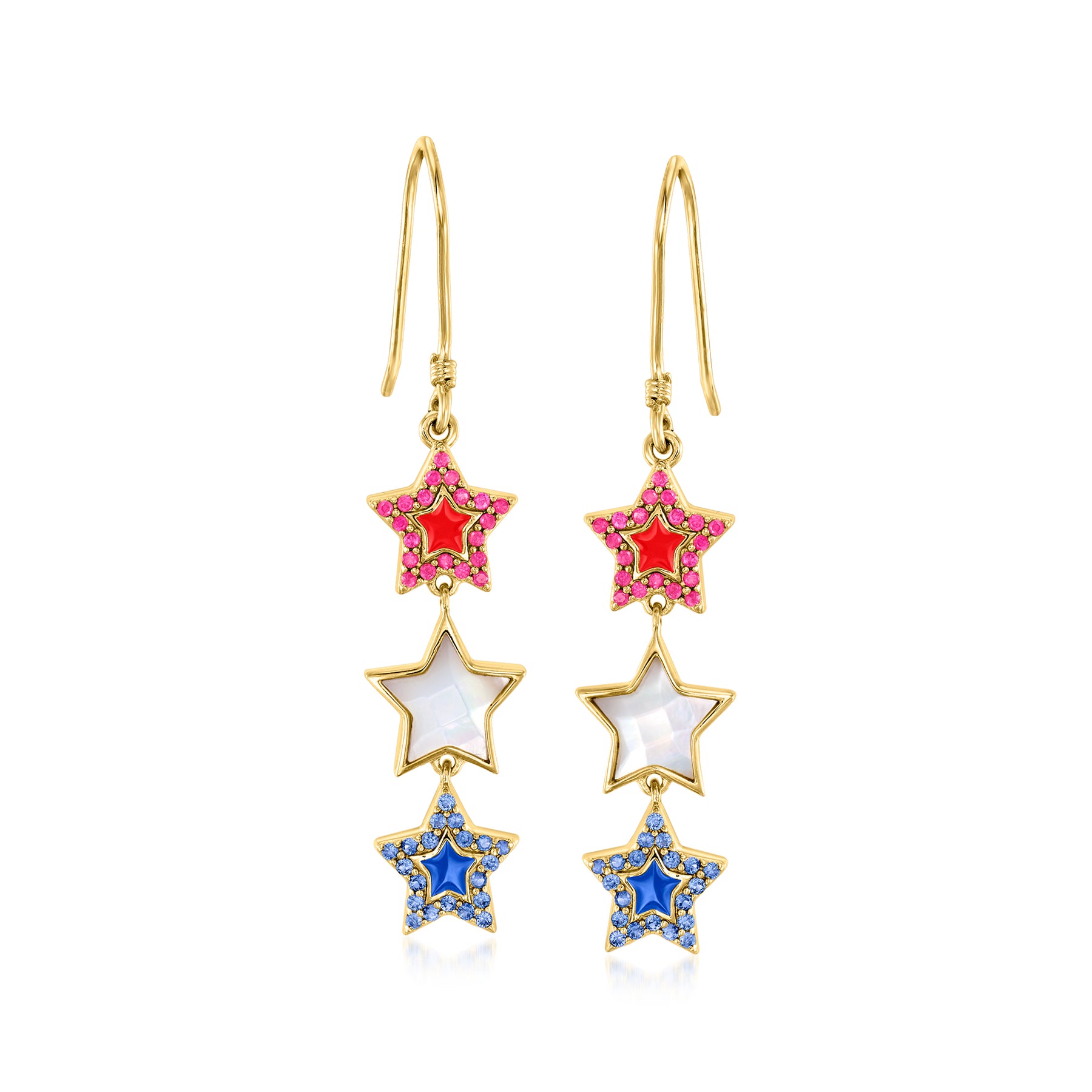 Ross-Simons Ruby, . Sapphire and Mother-Of-Pearl Star Drop Ohrringe mit rotem und blauem Emaille in 18kt Gold über Sterling