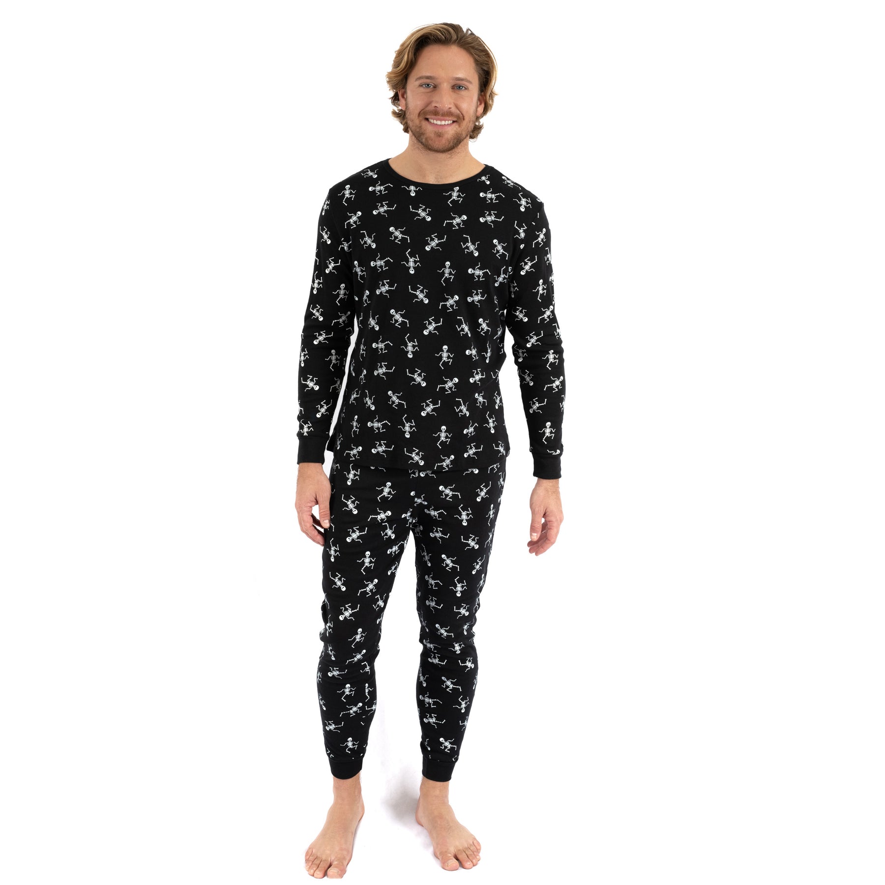 Herren zwei Stück Baumwolle Pyjama Skelett schwarz
