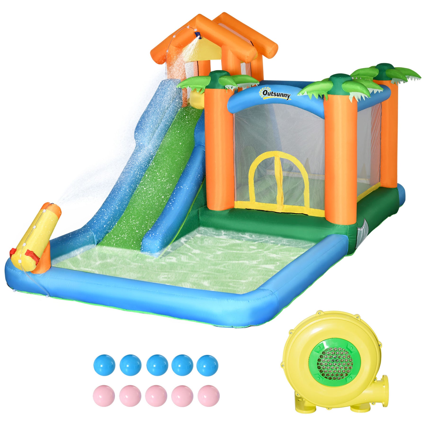 Streamdale 6-in-1 Tropical Inflatable Wasserrutsche Sommer Thema springen Burg umfasst schwimmende Ball Slide Trampolin Pool Kanone Kletterwand mit Tragetasche 7833083379772