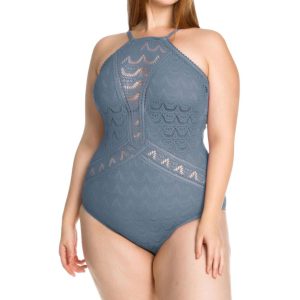 Color Play Lace hoher Hals einteiliger Badeanzug – plus aus Stahl 7676777791548