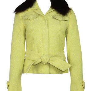Dolce & Gabbana Tweed Belted Jacke mit abnehmbarem Fell aus gelber Wolle 7766541598780