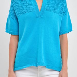 Kurzarm Strick Sweatshirt in blau