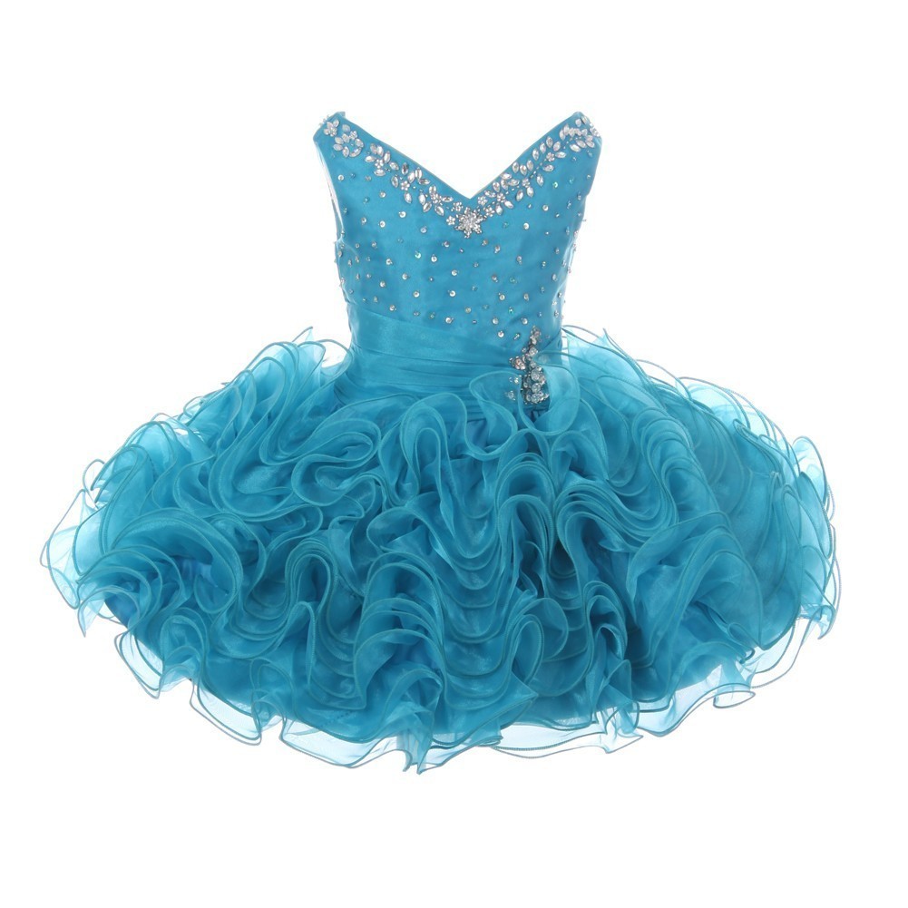 RainKids Kurzes Festzugskleid aus Organza für kleine Mädchen, Türkis, mit Perlen verziert, 2–4 Jahre