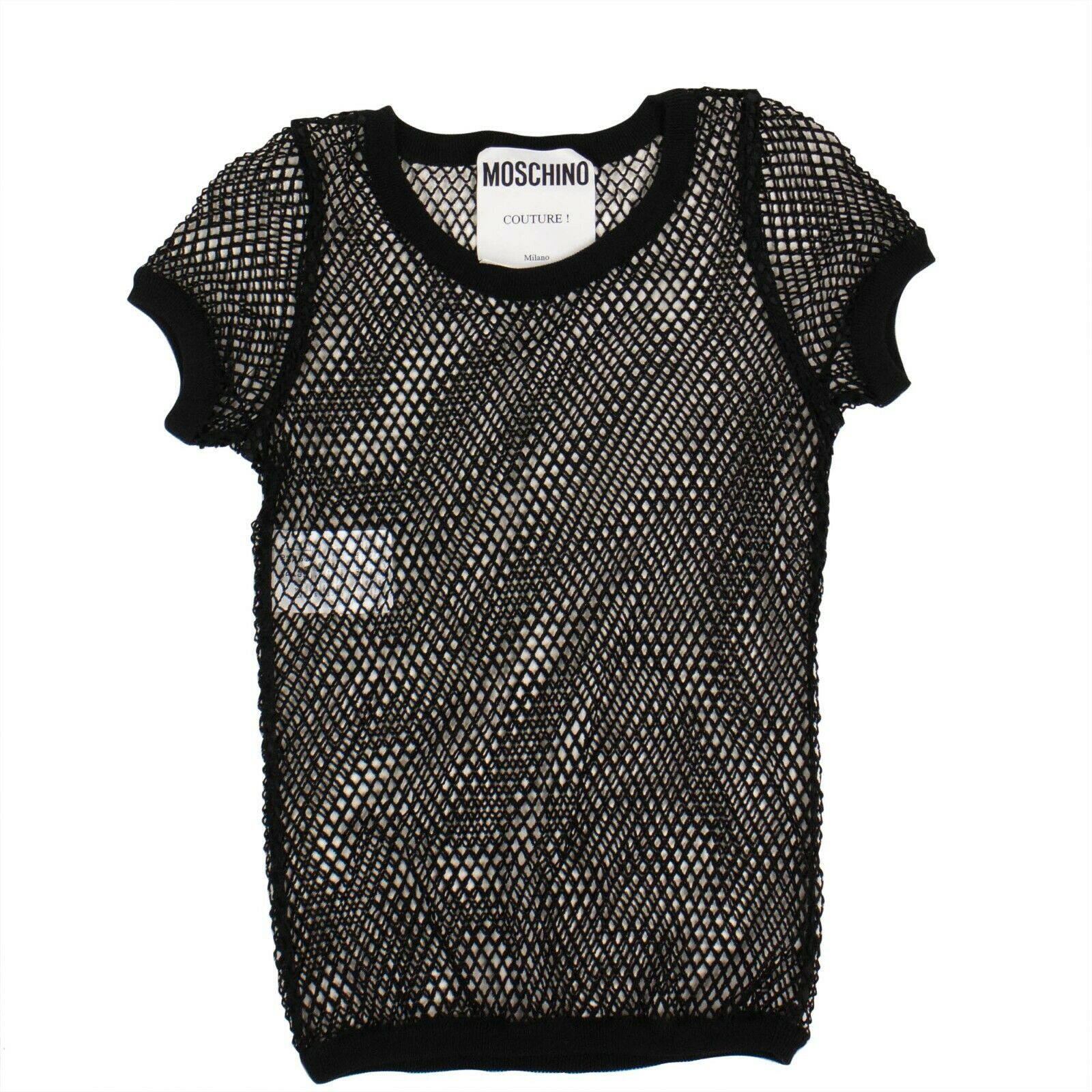 MOSCHINO Damen-Top aus schwarzem Baumwoll-Netzstoff mit kurzen Ärmeln
