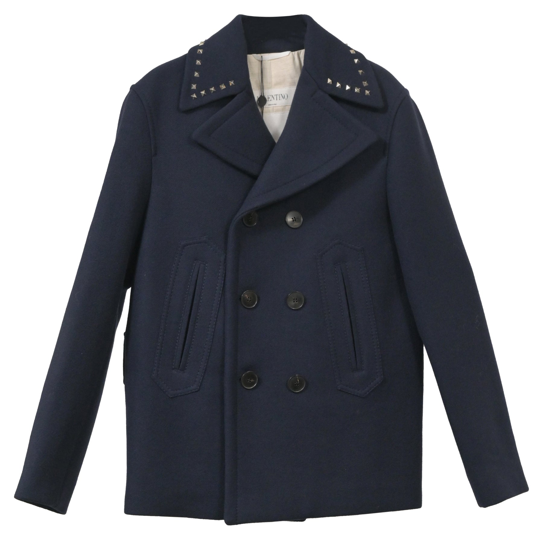 Valentino Garavani Rockstud doppelt gebratener Erbsenmantel aus Marineblauwolle 7748712595516