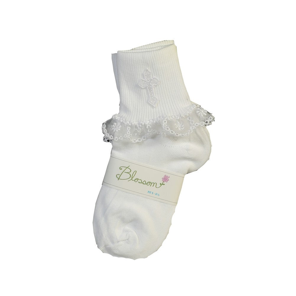 Weiße Taufsocken mit Kreuzstickerei für Babys, Mädchen, 0–6 Monate