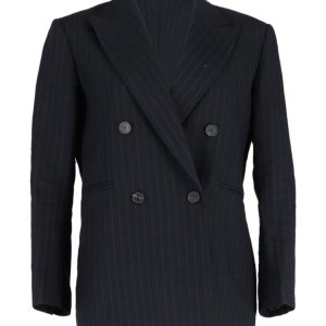 Sandro Paris gestreifter Doppel-Blaser aus marineblauer Baumwolle