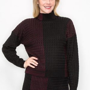 Burgundy and schwarz colorblock Kabel Strickpullover 7832926650428
