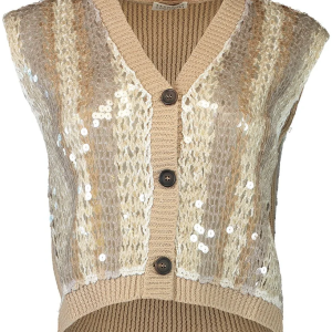 Brunello Cucinelli Damen-Weste mit Paillettenstreifen in Braun