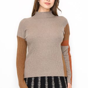 Taupe gerippter Pullover mit warmen Akzenten 7832923635772