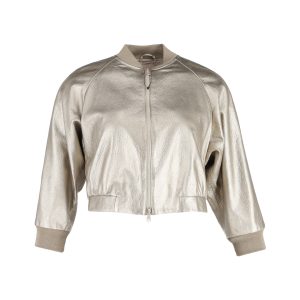Brunello Cucinelli Cropped Bomber Jacke aus Gold Leder