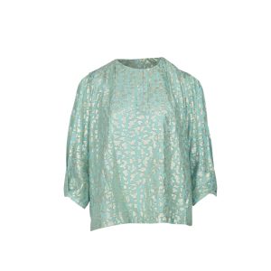 Diane von Furstenberg Astor Metallic-Print Top aus Teal Seide 7766510731324