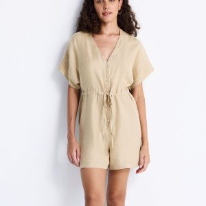 V neck Drawstring Jumpsuit in Neutral Beige