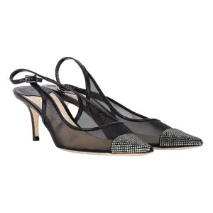 Jimmy Choo Anika – Pumps mit Kristallverzierungen und Fersenriemen aus schwarzem Mesh und Leder – 7748690804796