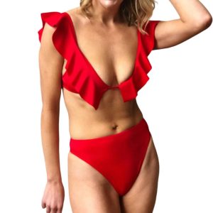 solide Rüschen Pinafore Bikini Top in rot 7803849506876