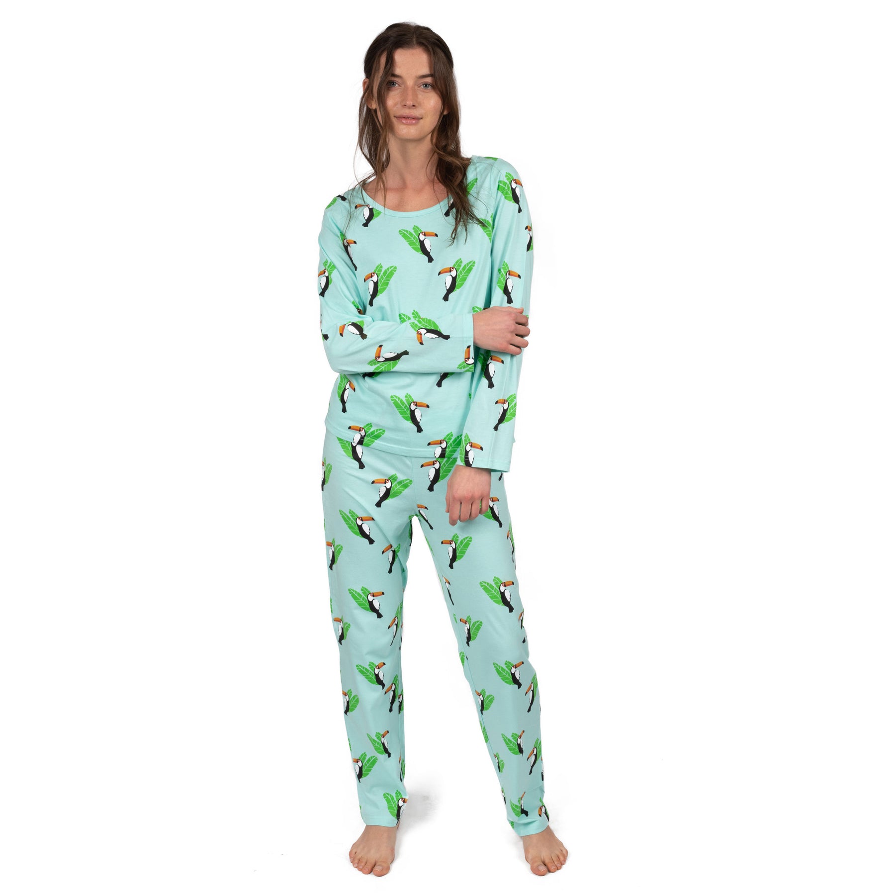 Damen zwei Stück Baumwolle lose Passform Pyjama toucan Vogel