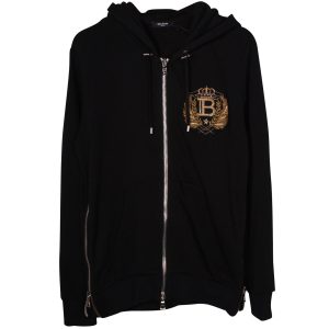 Balmain gesticktes Logo Emblem vor Zip Hoodie Jacke aus schwarzer Baumwolle 7703702437948