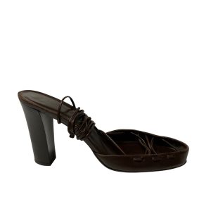 Bottega Veneta – braune Ledersandalen mit Schnürung, Riemchen und Holzabsätzen – 7766574661692