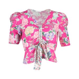 Sandro Paris Becky Blumenmuster Puff-Sleeve Top in rosa Leinen 7748716134460