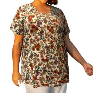 bedruckter Rundhals Kurzarm Taylor Tunika – plus Größe in weißem Boden mit Blumenmuster