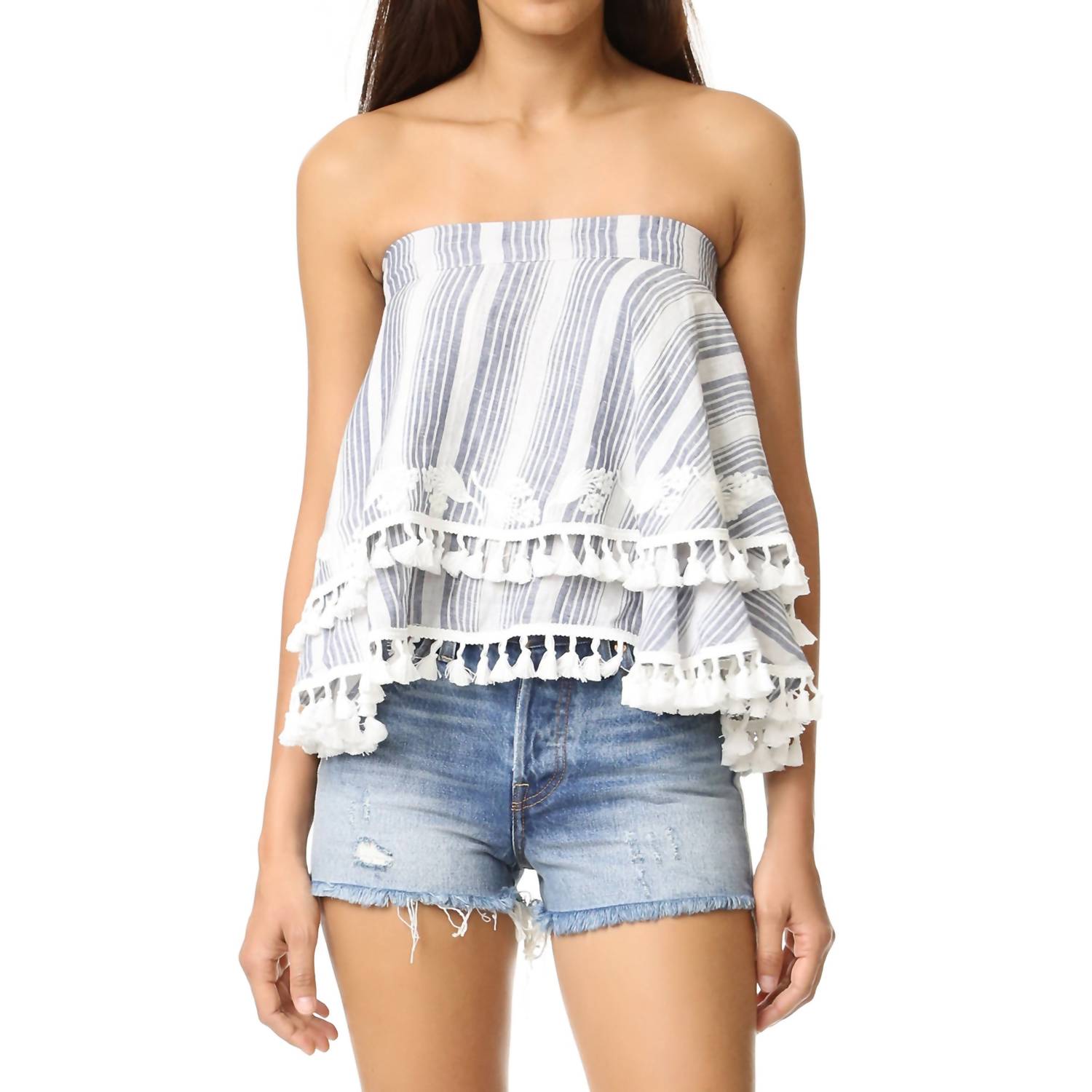 Damen Amaris Quaste Trimm gestickt mit Blumenmuster trägerlos Top in weiß/blau