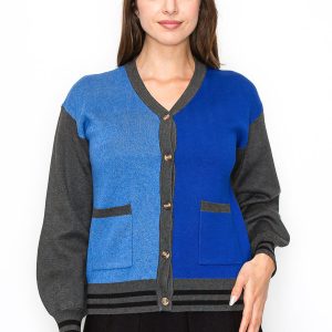 blau und graue Farbblock-Strickjacke – 7833664389180