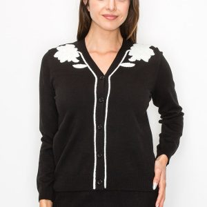 schwarz und weiß mit Blumenmuster gestickte Strickjacke 7832927404092