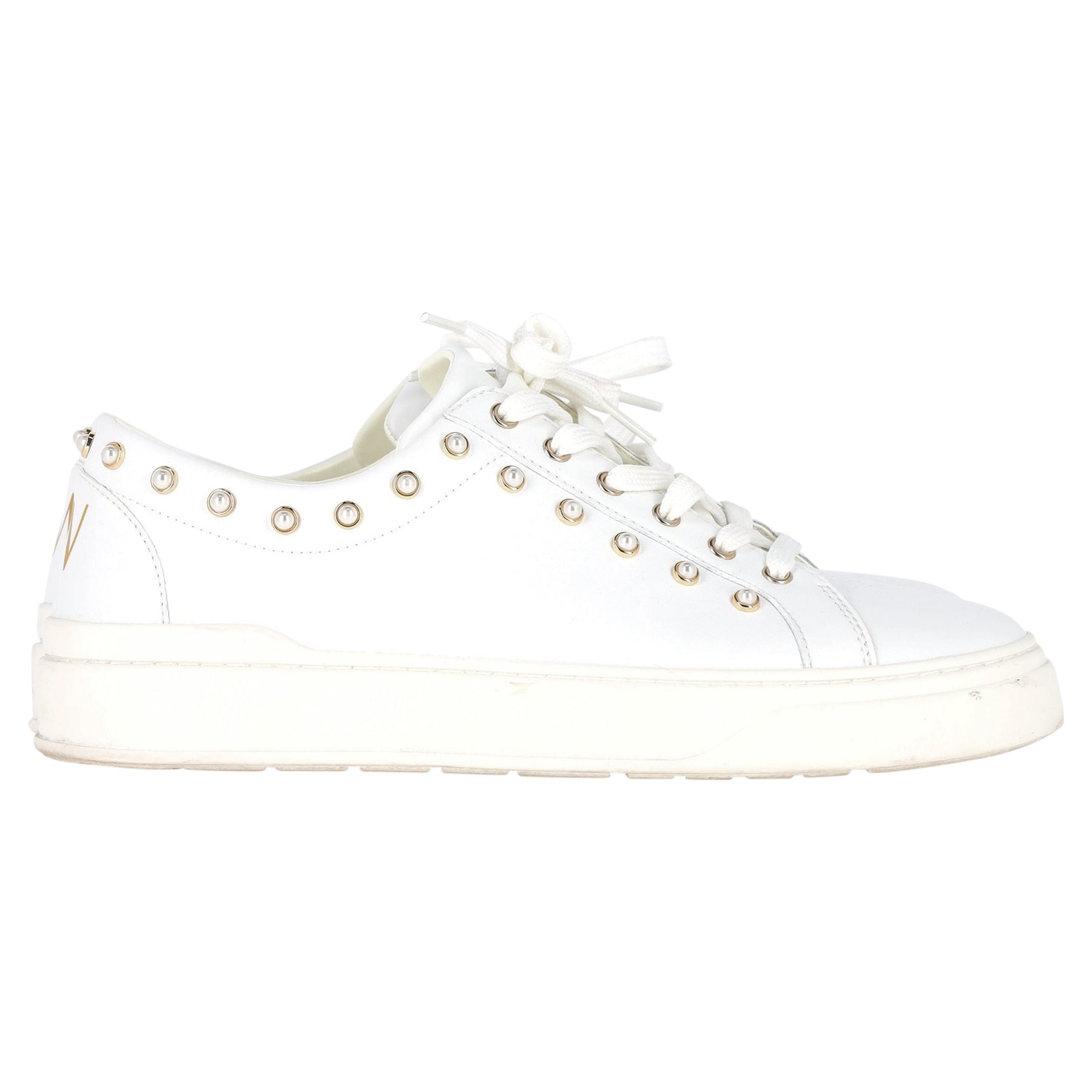 Stuart Weitzman Tillie Kunstperle-gebellte Sneakers aus weißem Leder 7748668424252