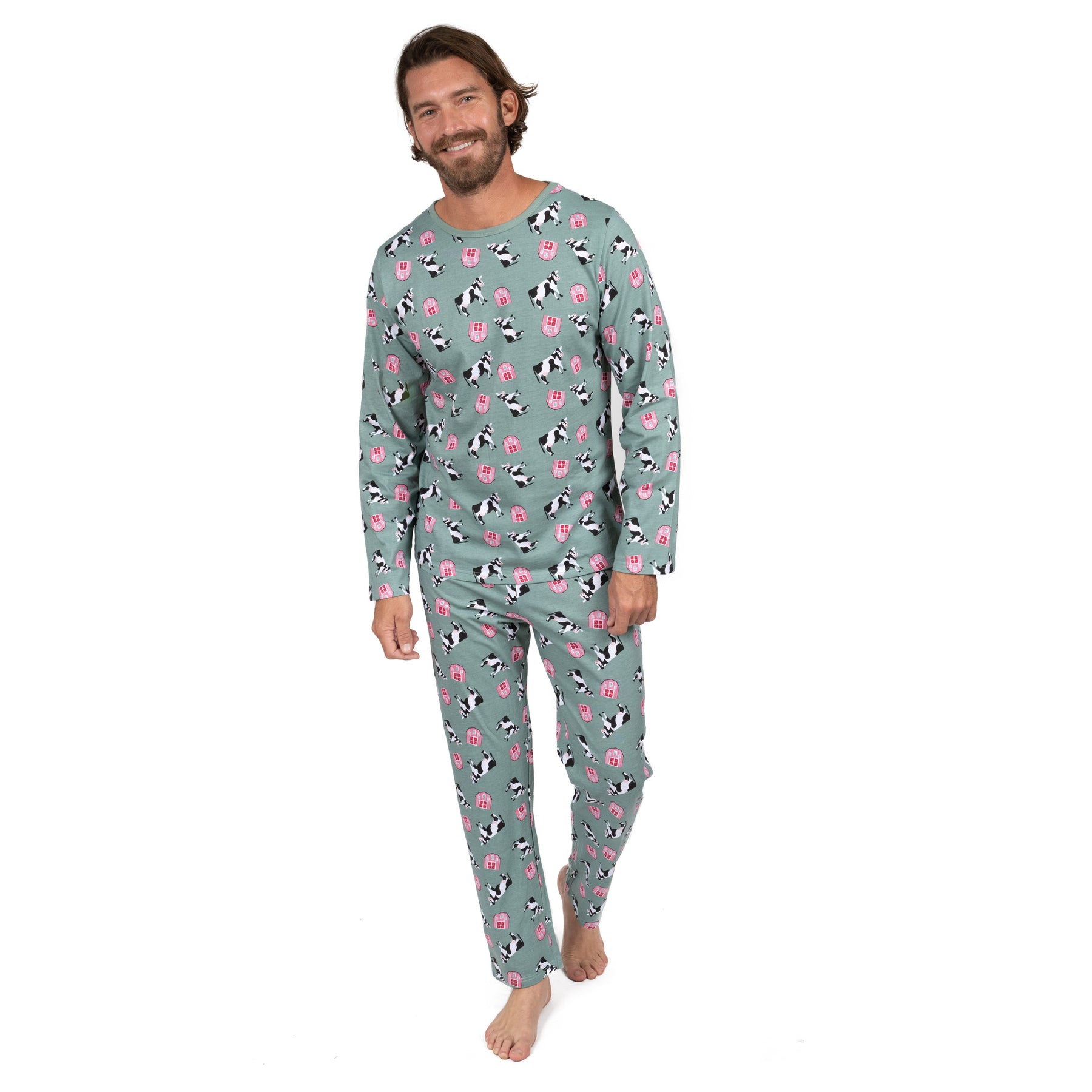 Herren zwei Stück Baumwolle lose Passform Pyjamas Kuh grün