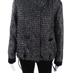 Lis Lareida Damen Disco Metallic Kapuze Platin Tweed Zip Jacke silber Fr 36 7833424134204