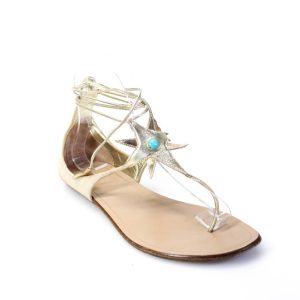 Aquazzura – flache Damen-Sandalen mit T-Riemen und Verzierungen in Gold/Beige