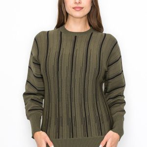 Olive Strickpullover mit vertikalen Streifen 7832928354364