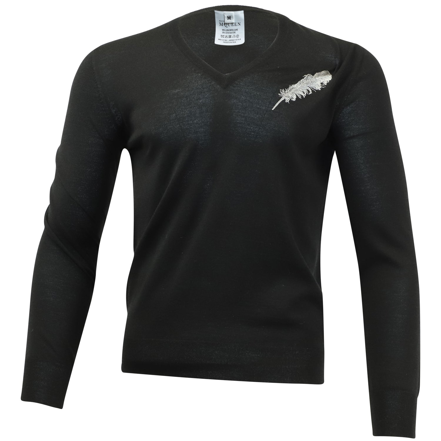 Alexander McQueen V-Ausschnitt Pullover mit Federstickerei aus schwarzer Wolle 7748635164732