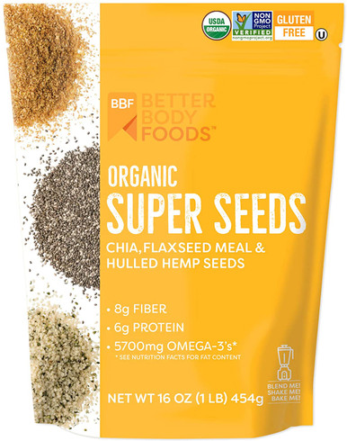 Better Körper Lebensmittel Bio Superfood Super Samen, Chia Leinsamen & Hanf, Mischung aus Bio Chia Samen Bio geschliffen Flachs Samen Bio geschält Hanf Samen, hinzufügen zu Smoothies Shakes & mehr, 16 Unzen