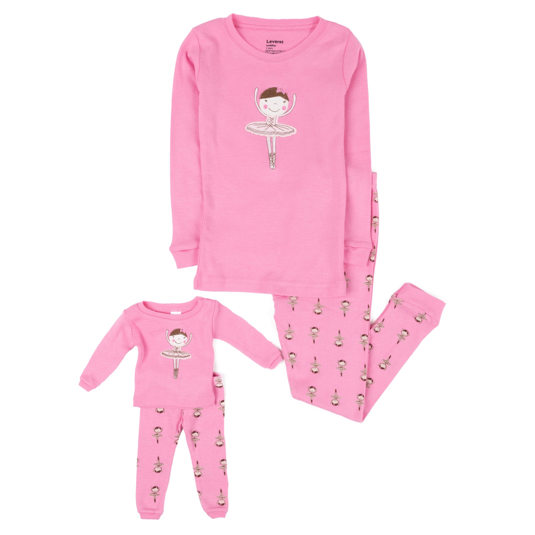 Mädchen und passende Puppe Baumwolle Pyjamas Ballerina hell rosa
