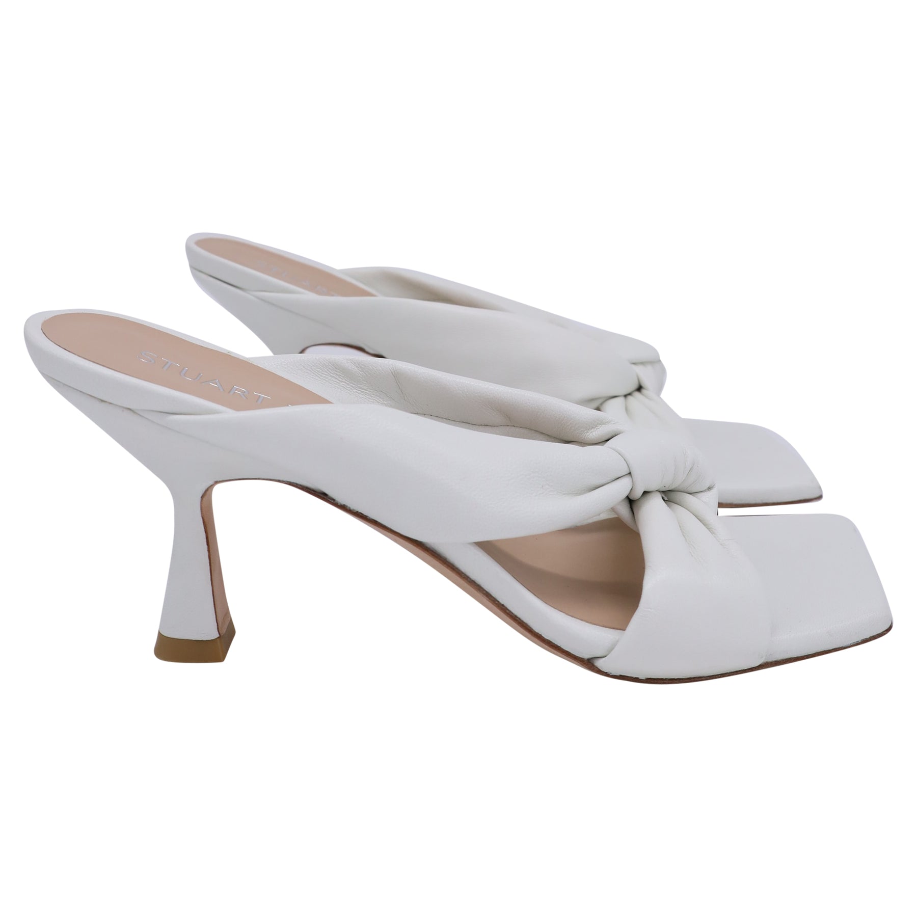 Stuart Weitzman Playa 75 Knot Slide Sandalen aus weißem Leder