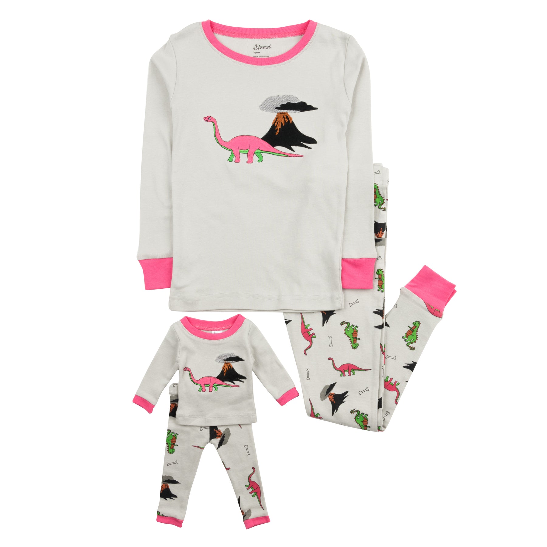 Mädchen und passende Puppe Baumwolle Pyjama Dinosaurier grau