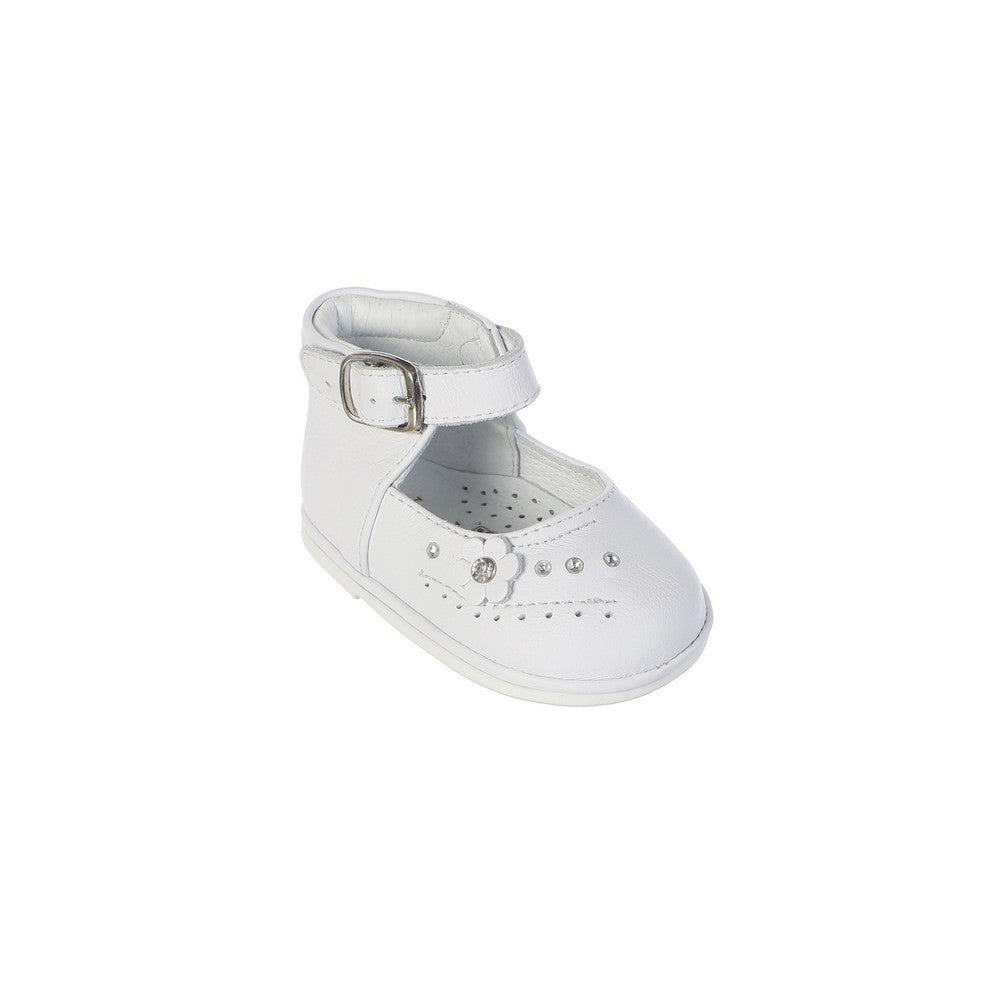 Weiße Blumen-Knöchelriemen-Taufschuhe aus Leder für kleine Mädchen, 5–6 Kleinkinder