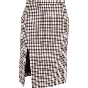 Maje Josselin Checked asymmetrischer Schlitzrock aus brauner Baumwolle und Wolle 7748691230780