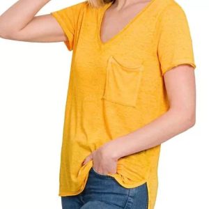 Melange Burnout-T-Shirt mit V-Ausschnitt in Gelbgold 7732431355964