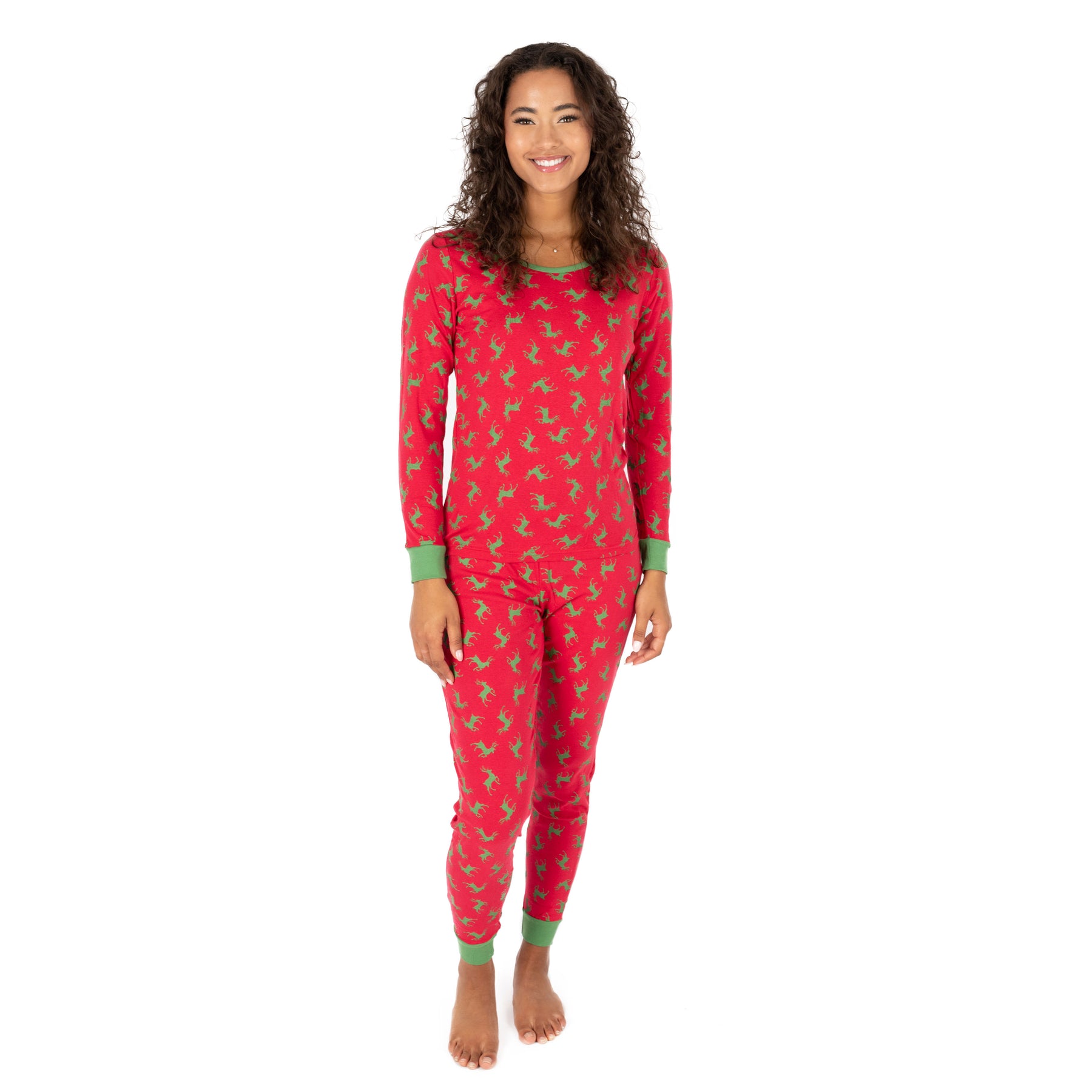 Christmas Damen zwei Stück Baumwolle Pyjama Rentiere rot und grün