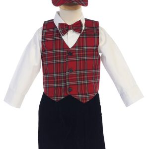 Baby-Jungen-Outfit, Rot, Schwarz, Karomuster, Weste, Samt, Höschen, 3–24 Monate