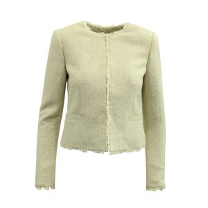 Alice + Olivia Tweed Jacke mit ausgefranstem Trimm aus Elfenbein Baumwolle – 7833695977532