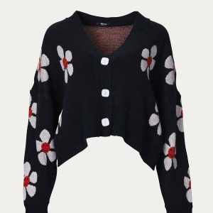 Cropped Retro Blumen Strickjacke in schwarz