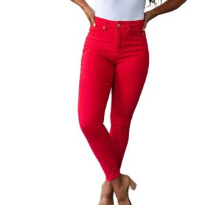 hoher Bund Control Top Kleidungsstück gefärbt Skinny Jeans in rot 7704766185532