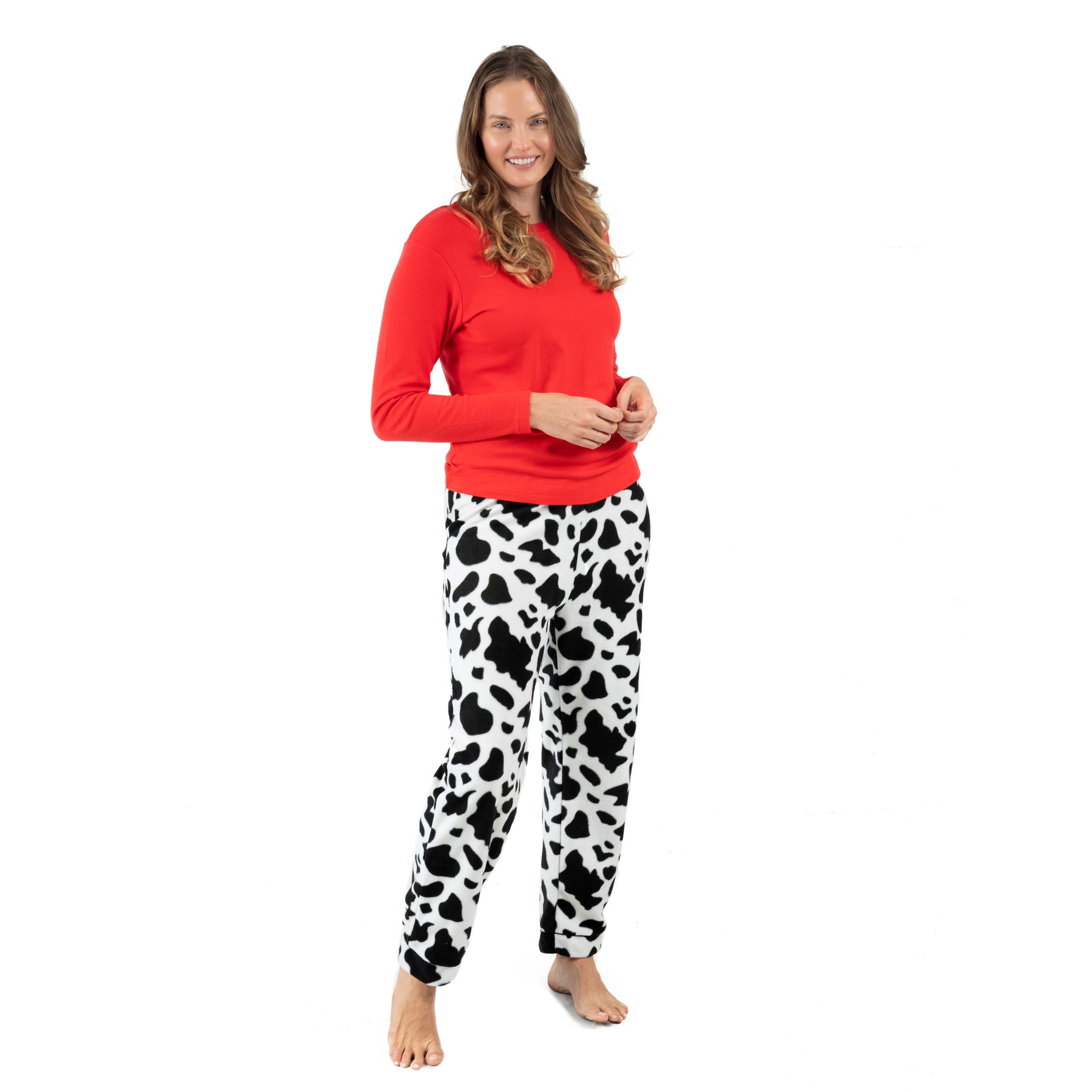 Damen Baumwolle Top und Fleece Hose Pyjamas Kuh schwarz