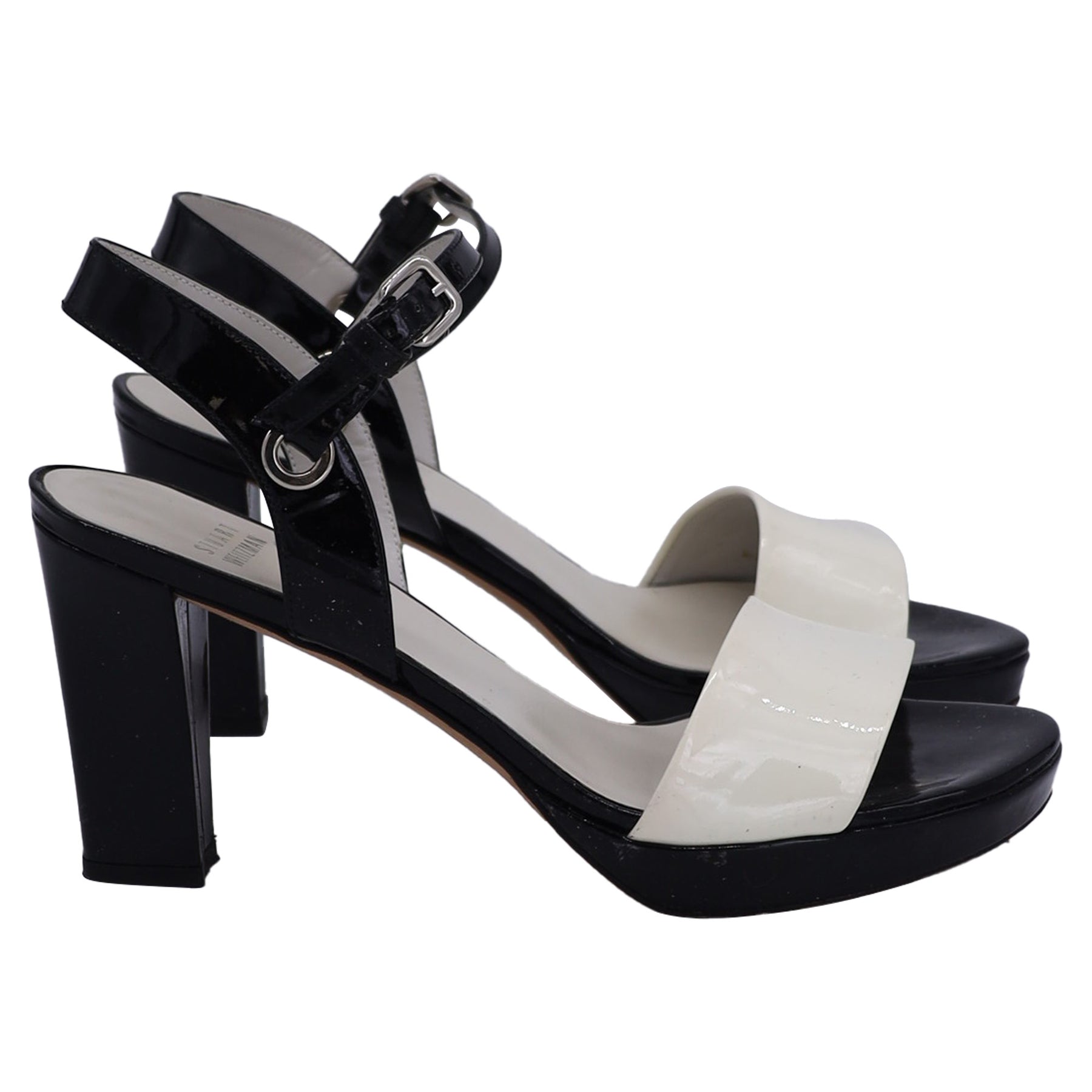 Stuart Weitzman Ankle Strap Bi-Color Sandalen aus schwarzem und weißem Leder 7748770627644