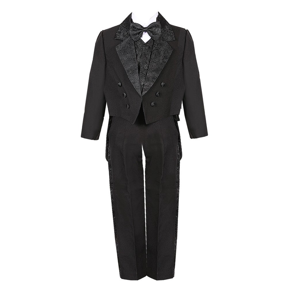 Schwarze 5-teilige Weste, Hose, Frack, Jacquard-Smokinganzug für große Jungen, 8–14