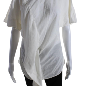 Colville Damen Leinen Krawatte Hals kurze Ärmel Liebe Bluse ecru weiß 7833262194748